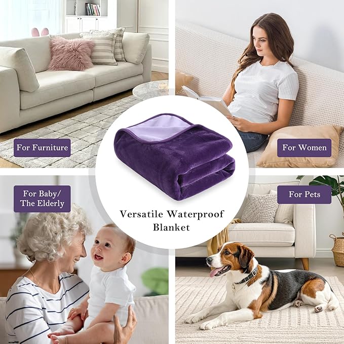 SOCHOW Waterproof Blanket for Bed Sofa Couch, Water Resistant Blanket Washable 80"x90", Reversible Leakproof Bed Cover for Adults Elderly Pets, Deep Purple & Light Purple