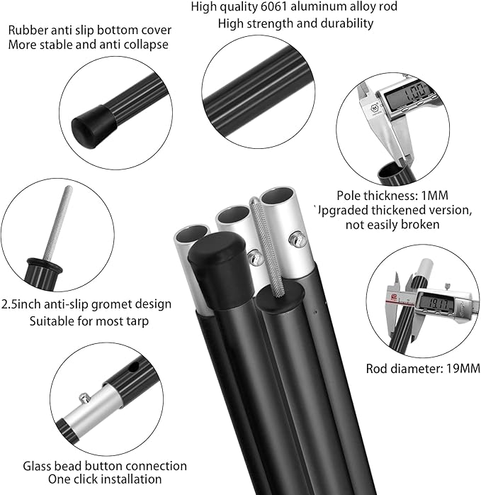 SAN LIKE Aluminum Tent Poles for Tarp - 75in Collapsible Poles for Awnings, Canopy, Rain Fly, Shelter - 2 Sets (5 Sections)