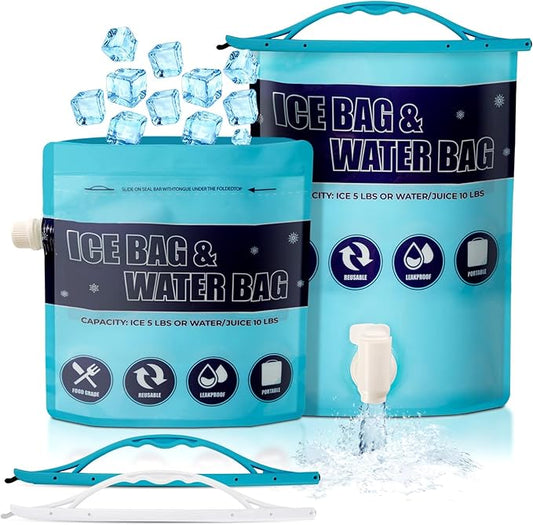 Ice Bags for Cooler, Reusable Ice Cube Bag with Sealed Sliding Handle, Long Lasting Cold Dry Freezer Packs, 5lb & 2.5lb Leakproof Water Bag for Camping Hiking Fishing & Drinks(1 Large & 1 Medium)