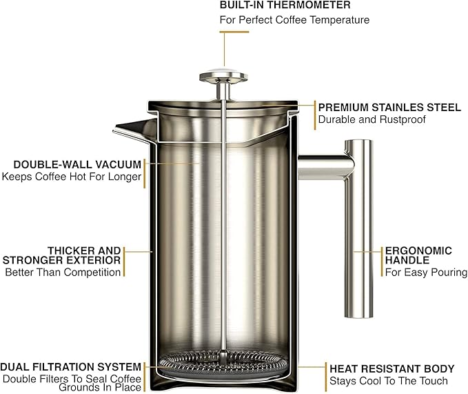 Barista Warrior French Press with Thermometer - Insulated Coffee Press - Stainless Steel French Press Coffee Maker (1.0L | 34 fl oz) (Black)