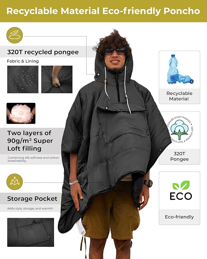 KingCamp Camping Wearable Hoodie Blanket Poncho Ultralight Sleeping Bag Adult, Outdoor Stadium Water-Repellent