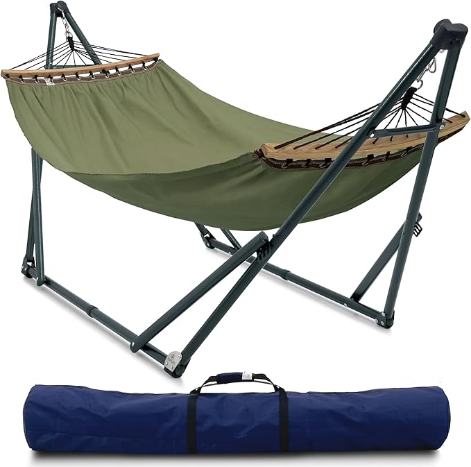 Tranquillo Sturdy Steel Hammock Stand with Premium Cotton Canvas, 600 lbs Capacity Hammock Folding, Portable Hammock Stand 30-Second Fold Unfold Spacious Hammock Design, Sage