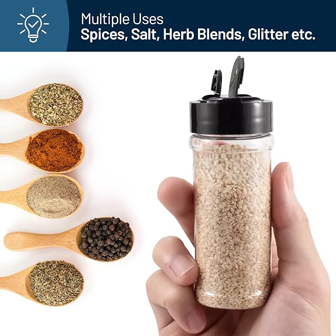 RoyalHouse 6 Pack 5.5 Oz Plastic Spice Jars with Black Cap, Clear and Safe Plastic Bottle Containers with Shaker Lids for Storing Spice, Herbs and Seasoning Powders, BPA Free, Made in USA