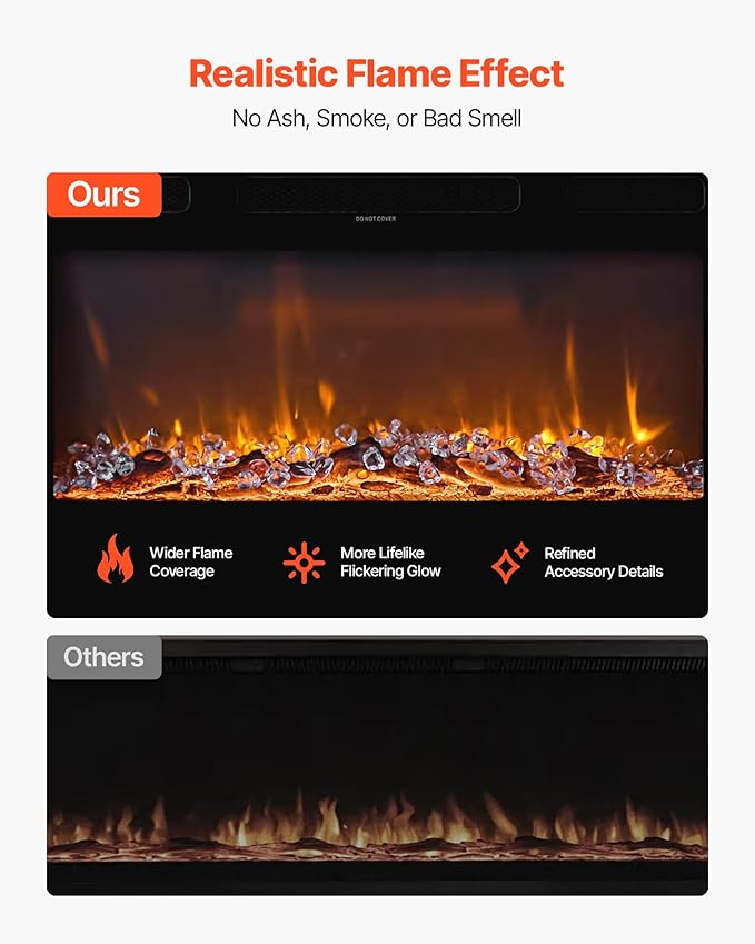 VEVOR 50 inch Electric Fireplace, Wall Mounted Recessed Fire Place with Remote Control, Timer, 1500W, Adjustable Flame Color Brightness, Touch Screen, Overheat Protection, for Living Room,Bedroom