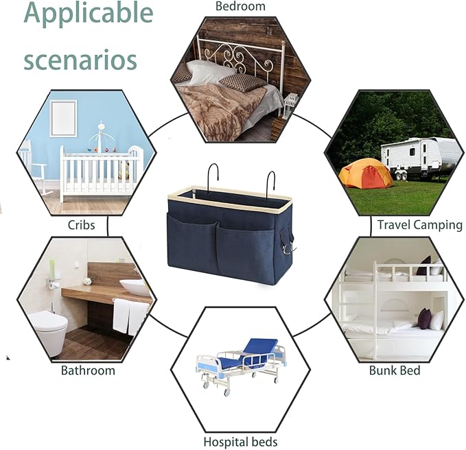 Bedside Caddy Bedside Hanging Storage Basket Multi-Function Organizer Caddy for Bunk and Hospital Beds Dorm Rooms Bed Rails, Can be Placed Glasses Books Mobile Phones（2pc Navy Blue）