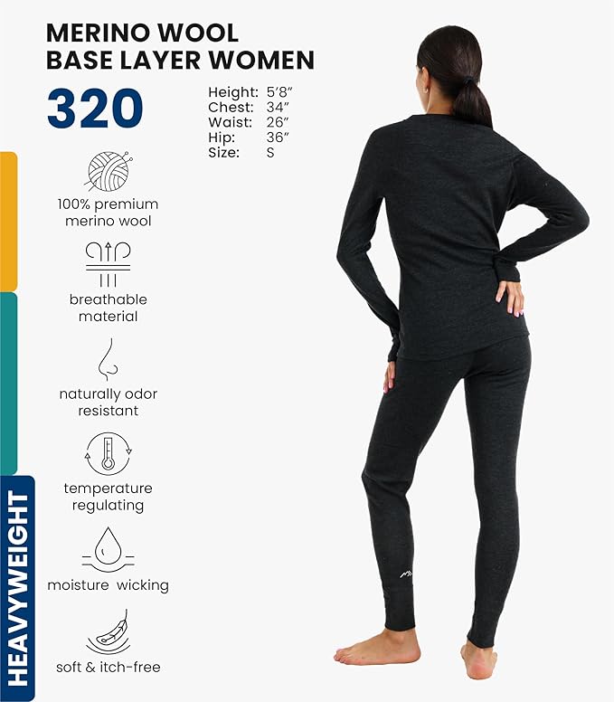 Merino.tech Merino Wool Base Layer Women Set - Heavyweight, Lite, Midweight Merino Thermal Underwear For Women Top, Bottom