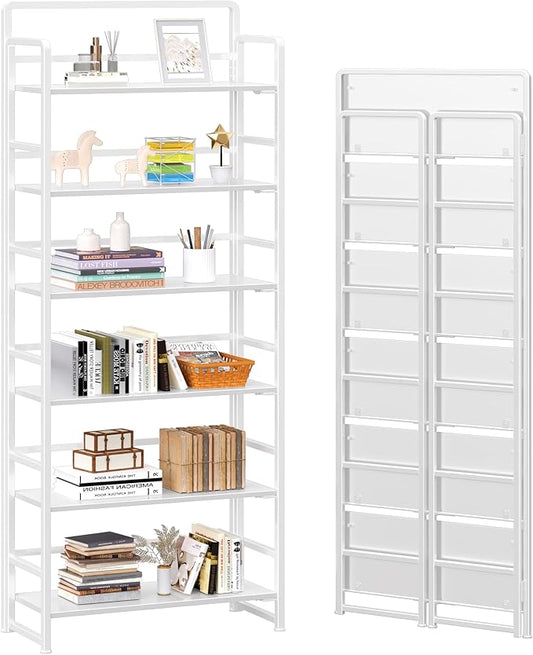 4NM No-Assembly 6 Tiers Folding Bookshelf Storage Shelves Vintage Bookcase Standing Racks Study Organizer Home Office (All White)