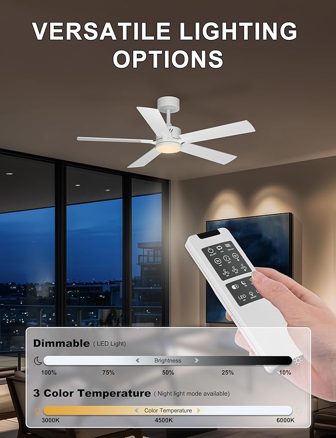 Ohniyou 48'' Ceiling Fans with Lights and Remote, 6 Speeds, 3 Colors & Dimmable LED Light, Silent DC Motor White Ceiling Fan for Living Room, Bedroom