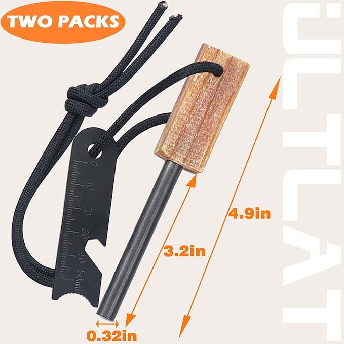 Fire Starter (2 Packs), All-Weather Magnesium Ferro Rod for Camping and Hiking, Emergency Survival Kits with Waxed Fire Tinder Paracord (28inch)&Beech/Pine Handle&&6-in-1 Multi-Tool
