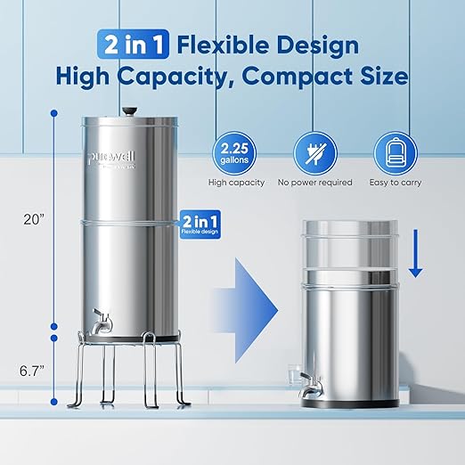 Purewell 3-Stage 0.01μm Ultra-Filtration Gravity Water Filter System, NSF/ANSI 42&372 Certification, 304 Stainless Steel Countertop System with 2 Filters and Stand, Reduce 99% Chlorine, 2.25G, PW-OB