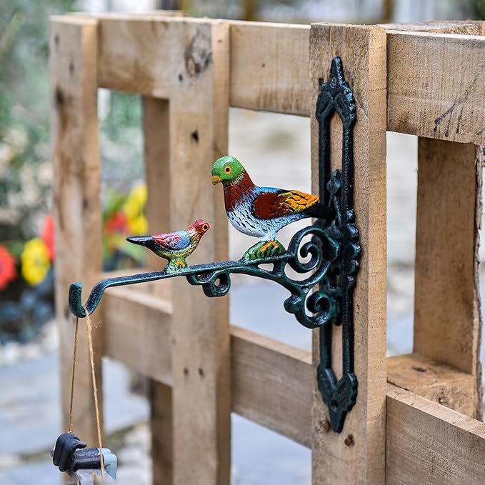 Sungmor Cast Iron Hanging Plant Bracket, 2 Pack Heavy Duty Hanging Basket Brackets, 10" Deep Outdoor Wall Plant Hangers, Decorative Garden Hooks for Flower Basket Bird Feeder Wind Chime Solar Light