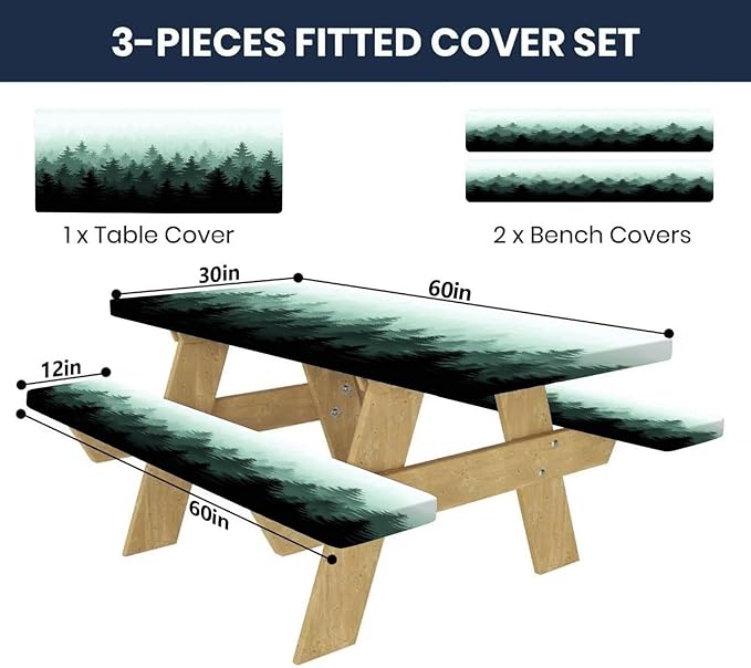 CAPSCEOLL Elastic Picnic Table Cover with Bench Covers 5Ft Waterproof Fitted Picnic Table Cover Cloths for Outdoors Camping Tablecloth with Drawstring Bag, 60X30in, Green Forest
