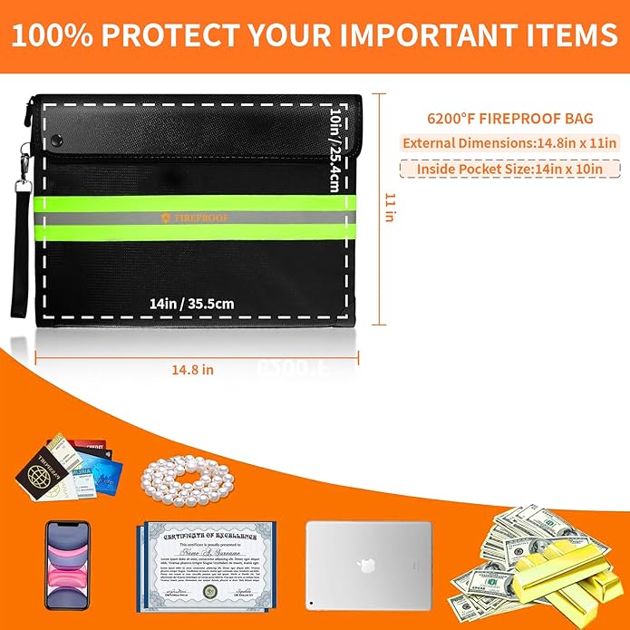 Upgraded Fireproof Document Bag 6200°F, 14.8in Big Waterproof Fireproof Safe with Zipper, 9 Layers of Heat Insulated Materials, Fireproof Money Bag for Cash, Important Documents and Valuables Fire Box