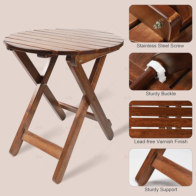 Outdoor Patio Side Table Round Small Wood End Table Folding Coffee Furniture for Living Room, Bedroom, Plant Stand, Camping Portable Brown