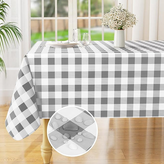 misaya Square Waterproof Vinyl Table Cloth, Buffalo Flannel Backed Tablecloth, Wipeable Plastic Table Cover for Dinner, Kitchen, Outdoor (60" x 60", Grey and White)