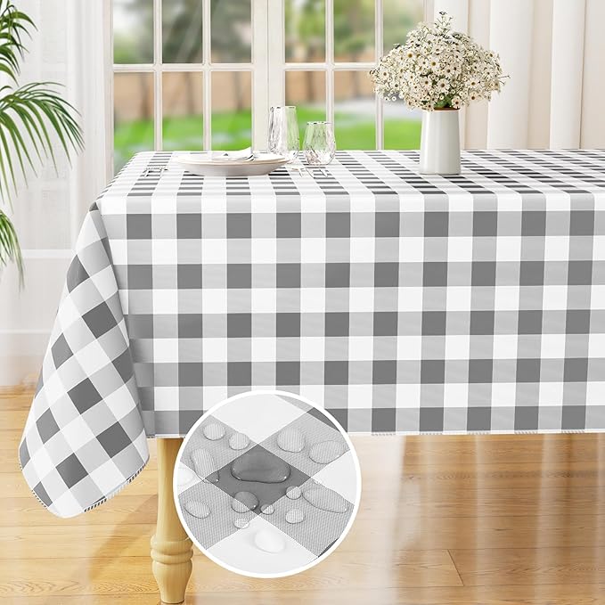 misaya Rectangle Waterproof Vinyl Table Cloth, Buffalo Flannel Backed Tablecloth, Wipeable Plastic Table Cover for Dinner, Kitchen, Outdoor (52" x 70", Grey and White)