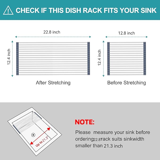 BBXTYLY Extra Expandable Roll Up Dish Drying Rack,Over The Sink Drying Rack Sink Cover Kitchen Sink Accessories Kitchen Rolling up Stainless Steel Drainer, Foldable,Rollable（Gray，22.8''-12.4''）