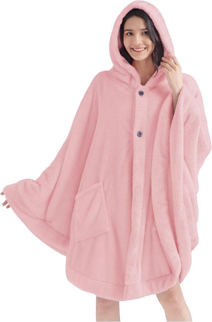 PAVILIA Angel Wrap Hooded Blanket Poncho, Wearable Blanket Throw Wrap Poncho for Women Adult, Cozy Fluffy Sherpa Fleece Shawl Cape with Hood pockets, Warm Gift for Mom Wife, Light Pink