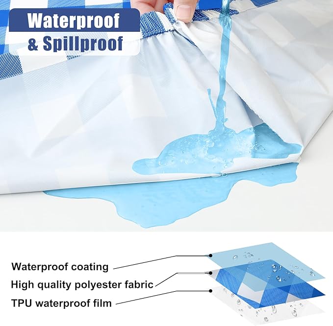 Smiry Picnic Table Cover with Bench Covers, Waterproof Elastic Fitted Tablecloths for 6 Foot Rectangle Tables, Washable Buffalo Plaid Tablecloth for Camping, Outdoor (Blue & White, 30"x72")