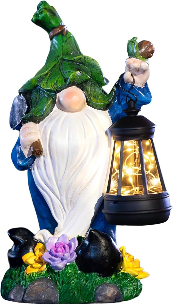 Solar Gnome Garden Figurine Yard Lights with Solar Lights Lantern & Shovel - Outdoor Yard Art Lawn Ornaments for Porch Patio Balcony - Gnome Gifts for Women Mom