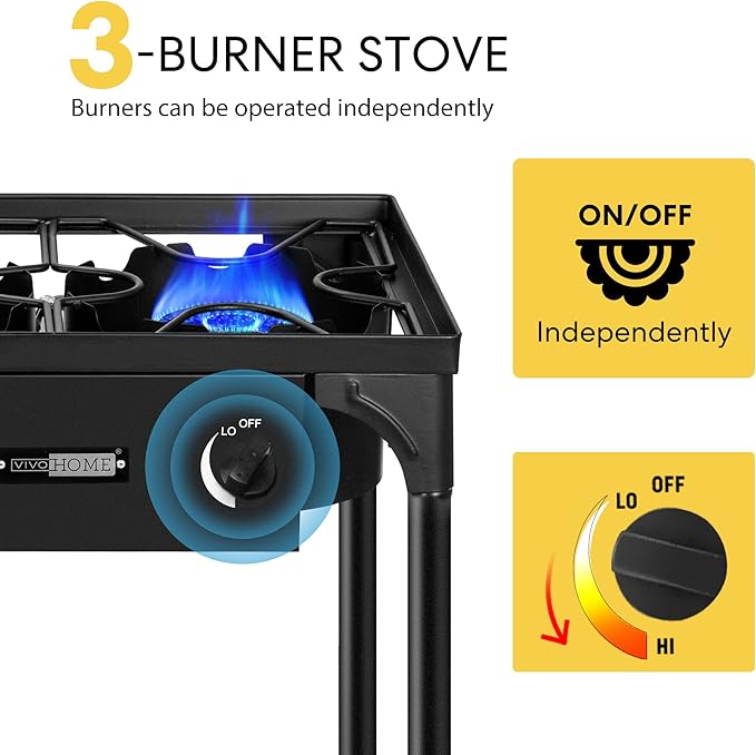 VIVOHOME 225,000 BTU Outdoor 3-Burner Propane Gas Stove, Heavy-Duty Camping Cooker with Detachable Legs Stand, Ideal for Backyard, Camping, and Outdoor Cooking