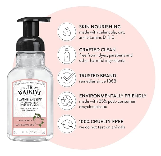 J.R. Watkins Foaming Hand Soap with Pump Dispenser, Moisturizing Foam Hand Wash, Alcohol-Free and Cruelty-Free, Grapefruit, 9 fl oz, 3 Pack