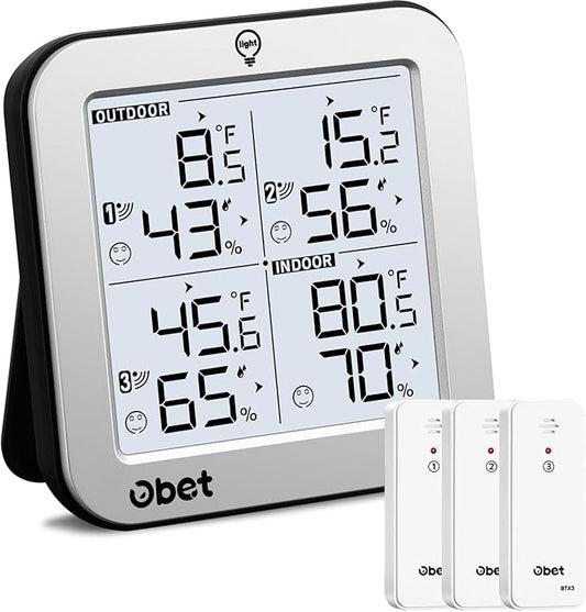 OBET Indoor Outdoor Thermometer Wireless with 3 Sensors Weather Station Temperature Humidity Monitor 500ft Range and Adjustable Backlight and Min Max Data Silver