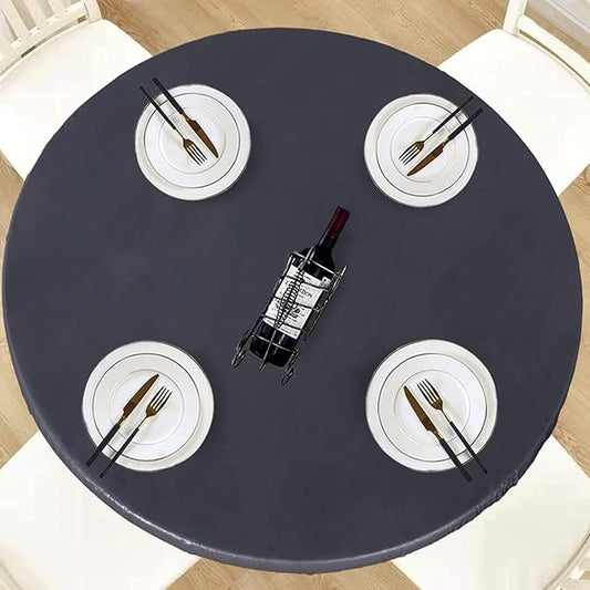 LUSHVIDA Round Waterproof Table Cover Elastic Vinyl Fitted Tablecloth Elastic Edged Plastic Table Cloth (Grey, Best for Up to 45"-56" Round)