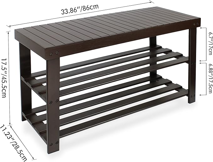 SMIBUY Sturdy Bamboo Shoe Rack Bench, 3-Tier Shoe Organizer, Storage Shelf for Entryway Hallway Bathroom Living Room (Dark Brown)