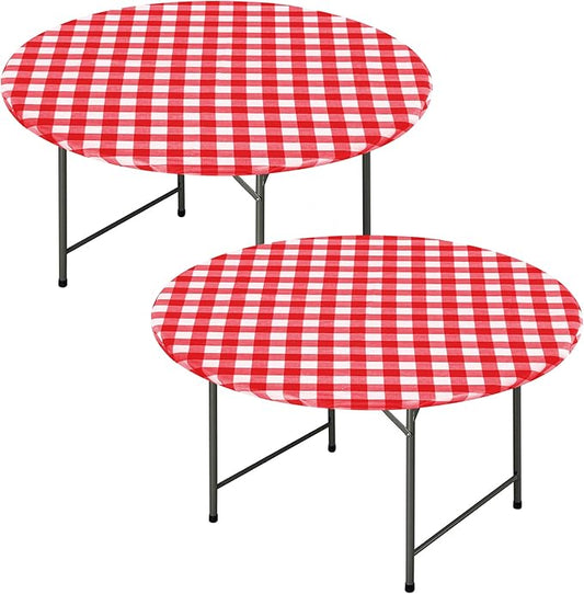 Fitable Waterproof Fitted Round Tablecloth with Elastic - 2 Pack Gingham Vinyl Tablecloth with Flannel Backing Outdoor Table Cover for Picnic Party, Red and White (Fit for 57"-68" Round Tables)