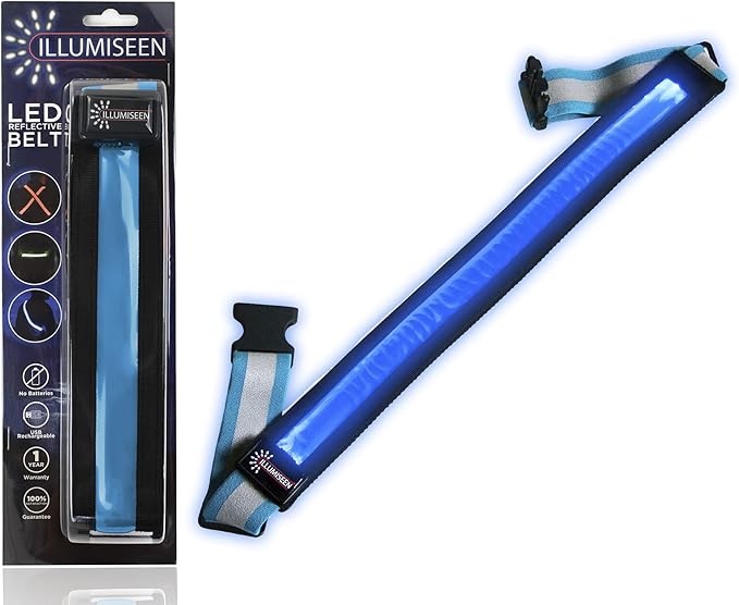 ILLUMISEEN LED Reflective Belt Sash | High Visibility LED Lights with 2 Lighting Modes | Adjustable Quick Release Buckle | USB Rechargeable, No Batteries Needed | Weatherproof Professional Safety Gear