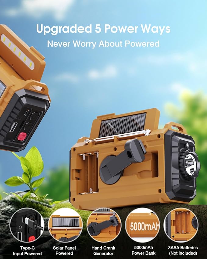 Emergency Weather Radio – 5-Way Powered NOAA Solar Hand Crank, AM/FM/SW, 18500mWh Power Bank, LED Flashlight, SOS Alarm – Portable Survival Radio for Power Outages & Storms (Yellow)