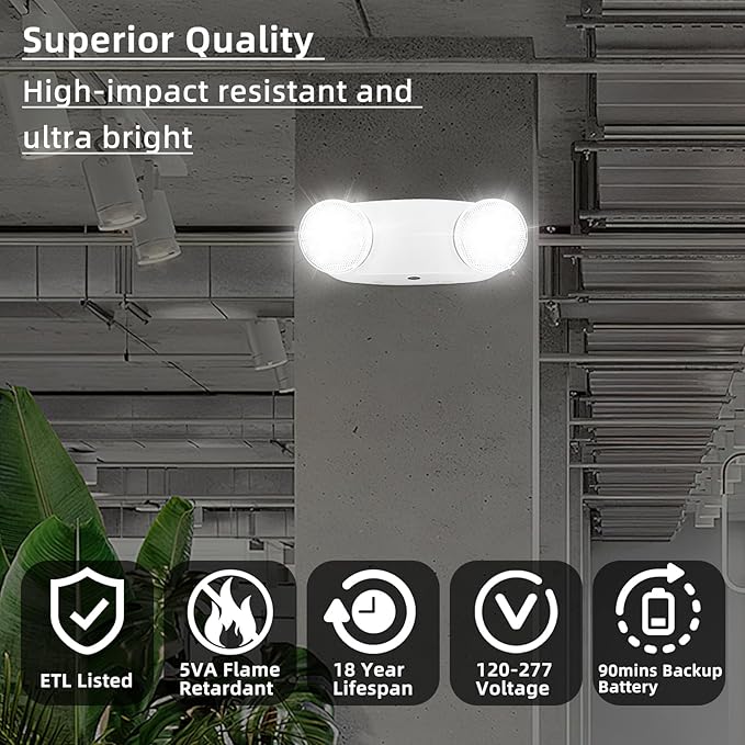 RMC LED Emergency Lights with Battery Backup, Two Head Adjustable Commercial Emergency Lighting, AC120-277V, Hardwired Emergency Exit Light Fixtures for Home and Business, ETL Listed, 2 Pack