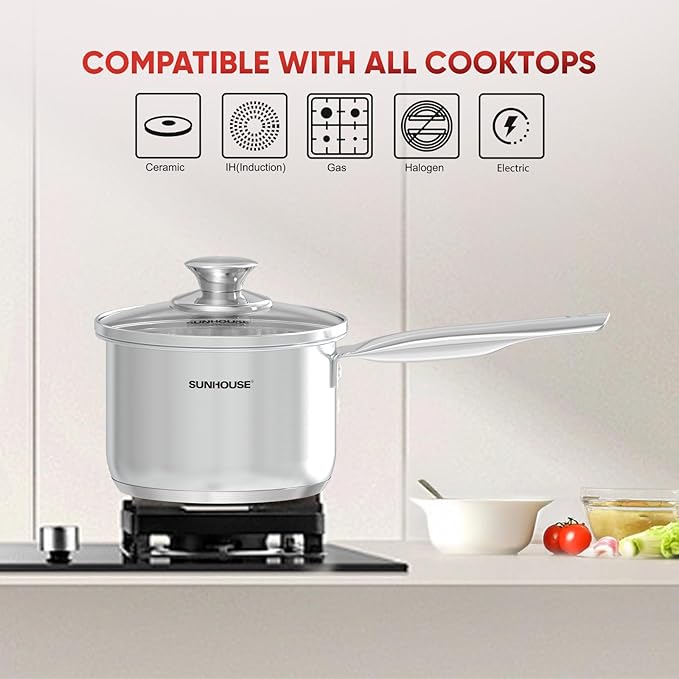 Sunhouse – 1.5 Quarts Stainless Steel Sauce Pan with Lid - PFOA-FREE, Stainless Steel Sauce Pan, Induction base, Stay-Cool Handle, Compatible with All Cooktops Gas, Geramic, Electric etc.