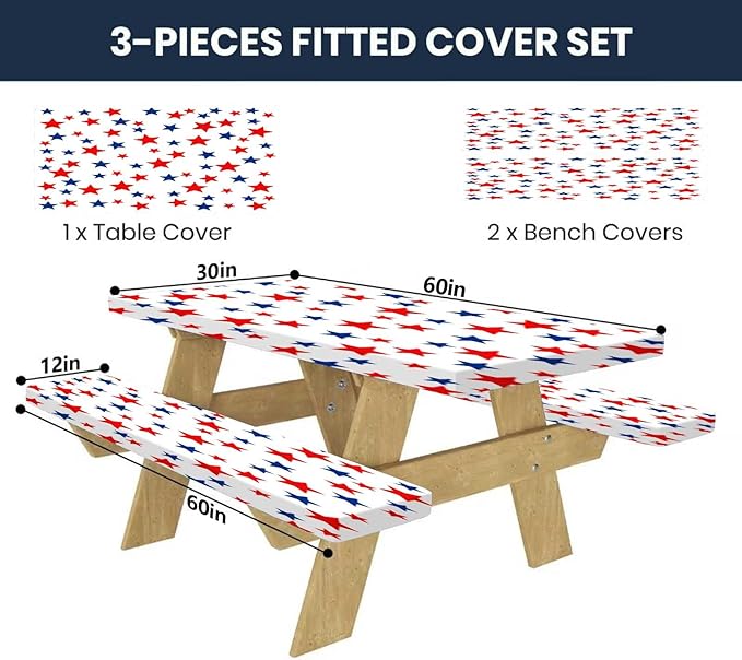 CAPSCEOLL Elastic Picnic Table Cover with Bench Covers 5Ft Waterproof Fitted Picnic Table Cover Cloths for Outdoors Camping Tablecloth with Drawstring Bag, 60X30in, Stars