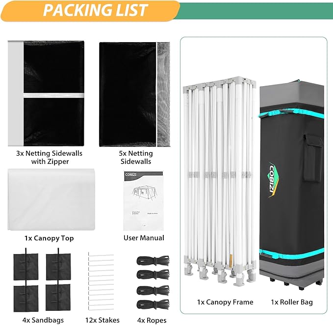 COBIZI 10x30 Canopy Tent with 8 Sidewalls,Heavy Duty Pop up Canopy Party Tent with Mosquito Netting,Easy up Screen Canopy for Parties Wedding Outdoor Patio with Roller Bag,Sandbag,White