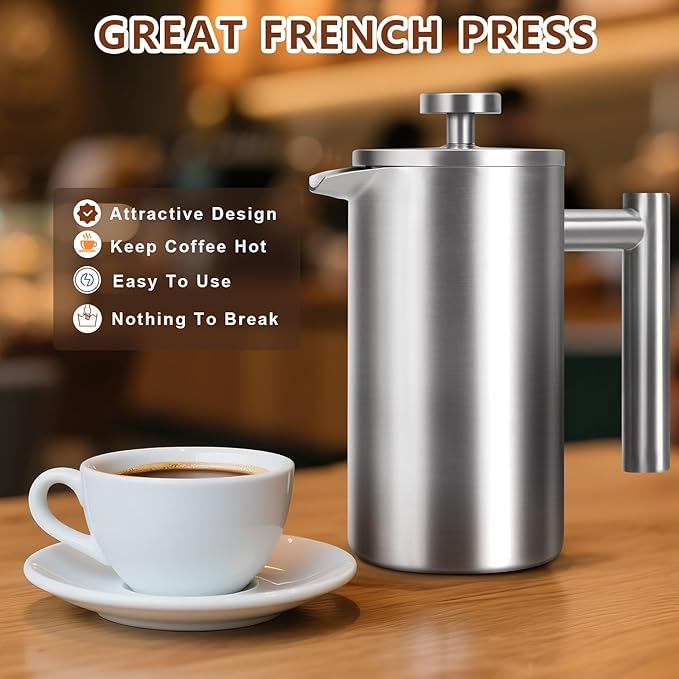 French Press 34 oz, Full Stainless Steel French Press Coffee Maker 4 Cups, Upgrated Double-Walled Insulated French Coffee Presses, Food Grade Good for Kitchen Camping, Dishwasher Safe 2 More Filters