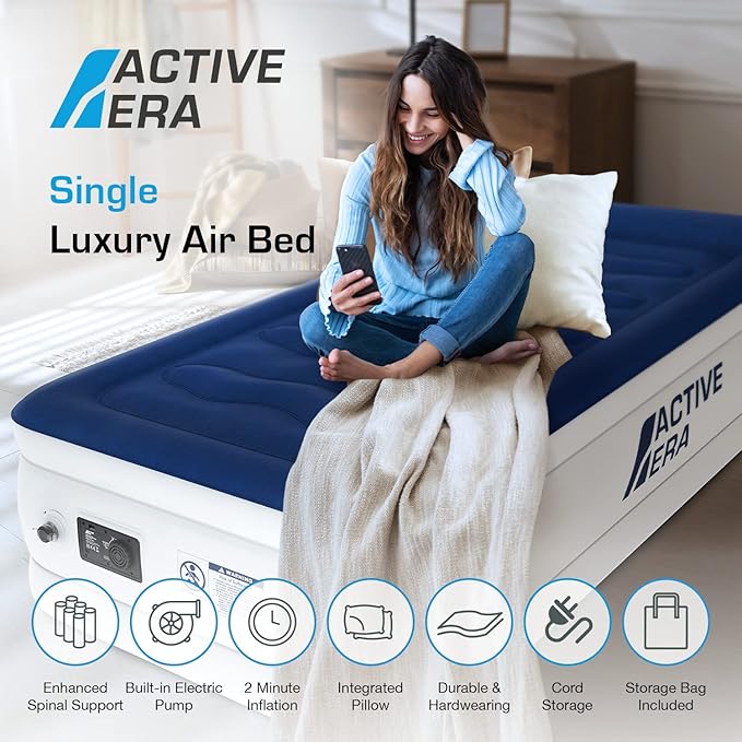 Active Era Luxury Twin Size Air Mattress (Single) - Elevated Inflatable Twin Air Bed, Electric Built-in Pump, Raised Pillow & Structured I-Beam Technology, Height 21" (Inc Pillow)