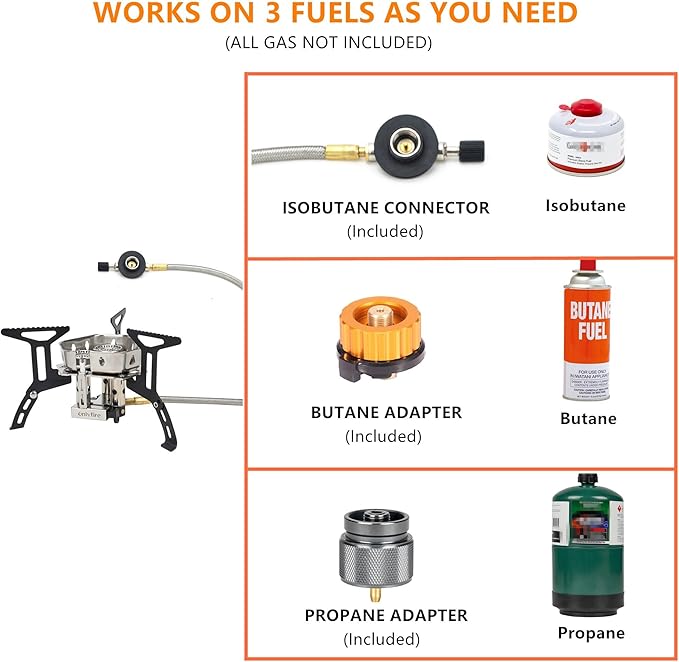 ONLYFIRE 3 Fuel Backpacking Stove with Propane & Butane Adapter, Portable Camping Gas Stove, Mini Camp Stove with Piezo Ignition & Carry Bag for Outdoor Cooking Picnic Camping Hiking GS334