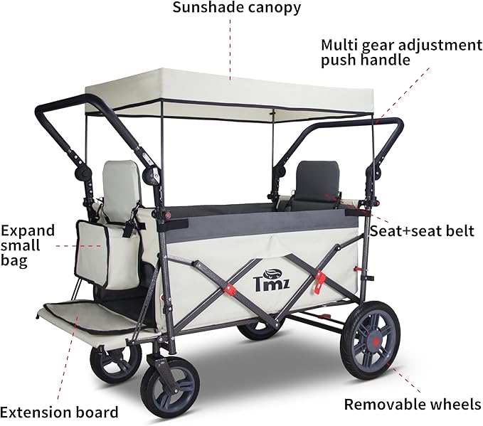 TMZ Foldable Wagon with Canopy, Collapsible Folding Wagon with Adjustable Handle Bar, Multi Functional Cart with Expansion Accessories, Front Expandable Transport Camping Wagon (Grey/Beige)