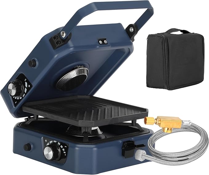 2 Burner Propane Stove Compatible with Propane Cylinders,2 Burner Camp Stove with Griddle and 16000 BTU Adjustable Burners,Portable Camping Stove Propane with Carry Bag and Handle for Camping (Blue)
