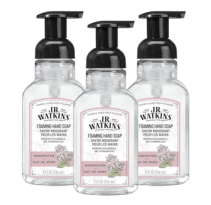 J.R. Watkins Foaming Hand Soap with Pump Dispenser, Moisturizing Foam Hand Wash, All Natural, Alcohol-Free, Cruelty-Free, USA Made, Rosewater, 9 fl oz, 3 Pack