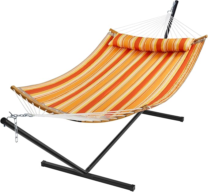 SUPERJARE Hammock with Stand, 2 Person Heavy Duty Hammock with Padded Cotton, Detachable Pillow & Strong Curved-Bar & Portable Carrying Bag, Perfect for Outdoor & Indoor - Tangerine