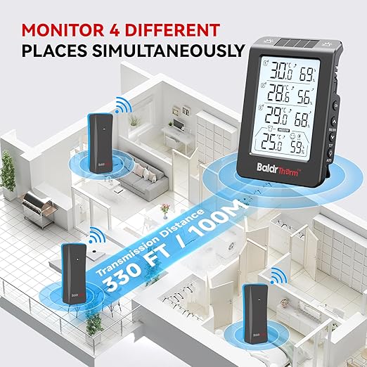 Solar Photosensitive Three Channel Thermo-Hygrometer, Wireless Temperature & Humidity Monitor with 330ft Range, 4.8" Digital Display, Smart Backlight, Real-Time Alerts, Black