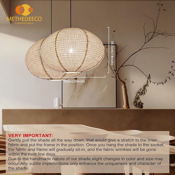 2PCS 20" Handmade Linen Pendant Light Shades ??Foldable Fabric Lampshades, Minimalist Beige & White Hanging Lanterns for Bedroom, Living Room, Kitchen Island, Window Display & Gift