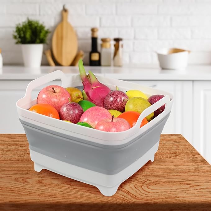 Dishpan for Washing Dishes, 2.4Gal/9L Wash Basin with Draining Plug Carry Handles, Collapsible Bucket for Cleaning, Portable Sink, Foldable Plastic Tub