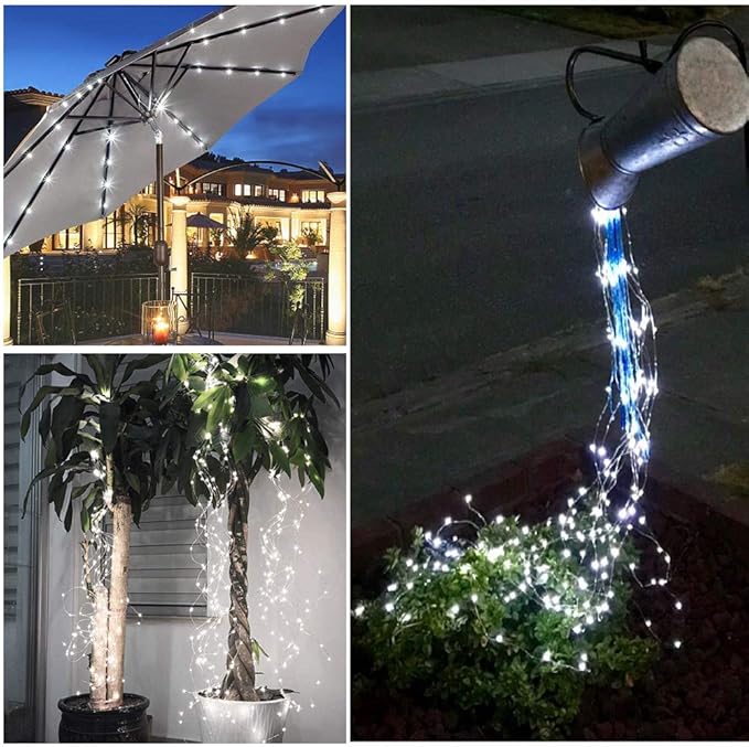 Solar Fairy Lights Outdoor White, Multi Strand 180 LEDs Watering Can String Light, Waterproof Solar Powered Waterfall Lights, Cool White Firefly Bunch Lights