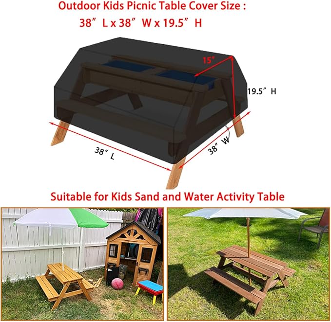38 Inch Picnic Table Cover, Waterproof Patio Camping Table Cover Fits for Toddler Kids Outdoor Picnic Table Bench Set,Sand and Water Activity Table Covers- 38"L x 38"W x 19.5"H