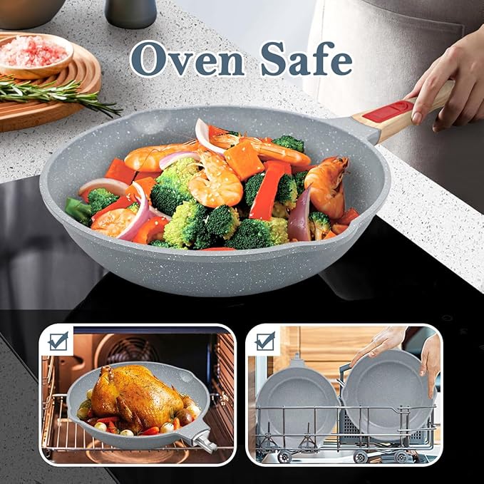 Nonstick Ceramic Deep Frying Pan, 11 Inch Healthy Frying Pan Skillet with Removable Handle, Oven Safe, PFAS PFOA & PTFE Free (Blue)