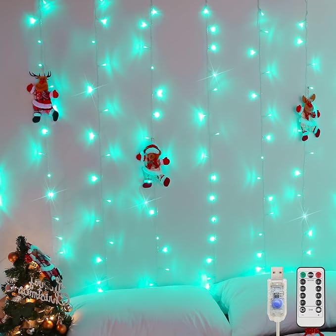 suddus Curtain Lights for Christmas, 200 Led 6.5ft x 6.5ft Hanging String Lights Outdoor, Fairy Curtain Lights for Backdrop, Window, Wall, Party, Garden, Bedroom, Birthday Decorations, Teal